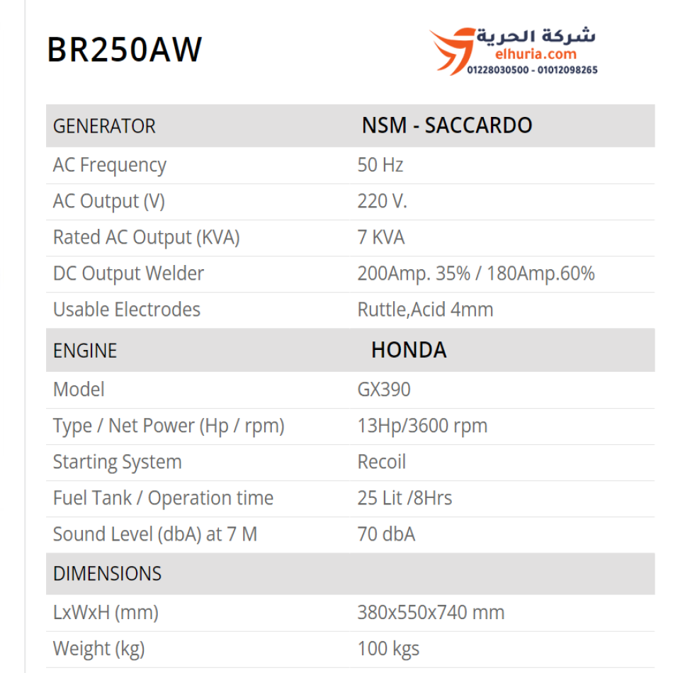 Poste à souder Honda BR 250 AW de 200 A - Capacité de 11,2 CV