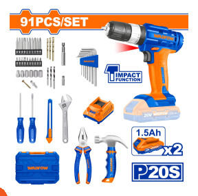 طقم شنيور 20 فولت + 2 بطارية + طقم عده 91 قطعة صيني ماركة WADFOW موديل WDT1B90