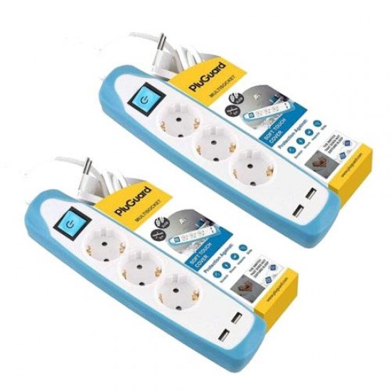 Set mit 2 Gelenken, 3 Pins, 2 USB-Anschlüssen, weiß, Silikonhülle zum Schutz vor Stößen – 2 Meter Kabel – von BlueGuard M-316 – 16 Ampere Kapazität von Power Lock